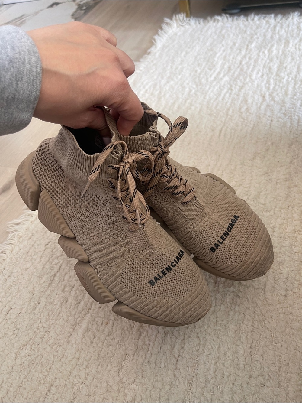 Balenciaga Men’s Beige Knit High-Top Sneakers